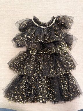 Lola and the Boys Black Tulle Star Layered Dress with Gold Stars